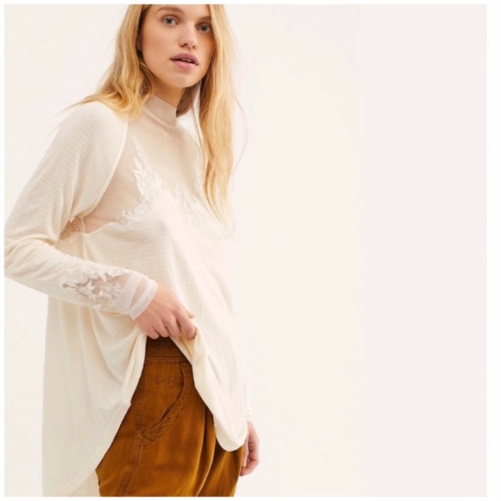 NWT Free People SAHELI TOP Mesh Embroidery Ivory